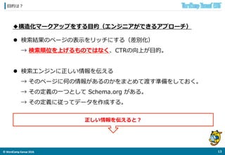©	
  WordCamp	
  Kansai	
  2016	
⽬目的は？
12	
  
◆構造化マークアップをする⽬目的（エンジニアができるアプローチ）
l  検索索結果のページ（SERP）の表⽰示をリッチにする（リッチスニペット）
 　  →  検索索順位を上げるものではなく、CTRの向上が⽬目的。
l  検索索エンジンに正しい情報を伝える
 　  →  そのページに何の情報があるのかをまとめて渡す準備をしておく。
 　  →  その定義の⼀一つとして  Schema.org  がある。
 　  →  その定義に従ってデータを作成する。
正しい情報を伝えると？
 