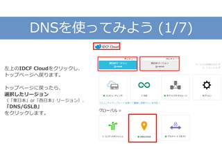 DNSを使ってみよう (1/7)
左上のIDCF Cloudをクリックし、
トップページへ戻ります。
トップページに戻ったら、
選択したリージョン
（「東日本」or「西日本」リージョン）、
「DNS/GSLB」
をクリックします。
 