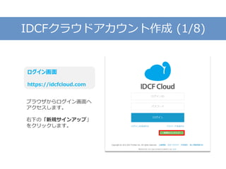 IDCFクラウドアカウント作成 (1/8)
ログイン画面
https://idcfcloud.com
ブラウザからログイン画面へ
アクセスします。
右下の「新規サインアップ」
をクリックします。
 