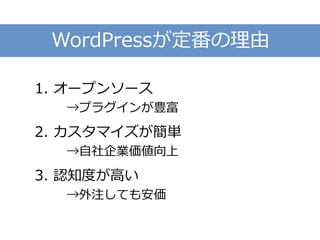 WordPressが定番の理由
1. オープンソース
→プラグインが豊富
2. カスタマイズが簡単
→自社企業価値向上
3. 認知度が高い
→外注しても安価
 