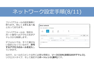 ネットワーク設定手順(8/11)
ファイアウォールの設定画面に
移ります。同じく１行１ルール
となっております。
ファイアウォールは、特定の
ポート番号へのアクセスをIPア
ドレスから制御します。
デフォルトでは、すべて通さな
い設定となっているので、許可
するアクセスのルールを記入し
ていきます。
なので、ルールのコメント以外に必要な情報は、ソースCIDR(送信元のIPアドレス)、
リクエストタイプ、そして指定するポートレンジ(番号)です。
 