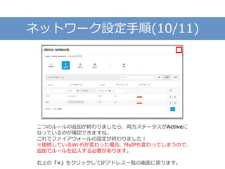 ネットワーク設定手順(10/11)
二つのルールの追加が終わりましたら、両方ステータスがActiveに
なっているのが確認できますね。
これでファイアウォールの設定が終わりました！
※接続しているWi-Fiが変わった場合、MyIPも変わってしまうので、
追加でルールを記入する必要があります。
右上の「×」をクリックしてIPアドレス一覧の画面に戻ります。
 