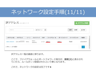 ネットワーク設定手順(11/11)
IPアドレス一覧の画面に移ります。
ここで、ファイアウォールとポートフォワード両方が、設定(2)と表示され
ていたら、ルールが二つ登録されたという事になります。
これで、ネットワークの設定は完了です★
 