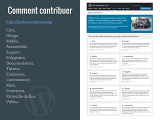 Comment contribuer
Core,
Design,
Mobile,
Accessibilité,
Support,
Polyglottes,
Documentation,
Thèmes,
Extensions,
Communauté,
Meta,
Formation,
Patrouille du flux,
Vidéos.
https://make.wordpress.org/
 