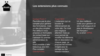 WordPress27
Contact Form 7
Peut-être pas le plus
complet pour générer
des formulaires, mais
un des plus simples.
Par défaut il vous
propose un formulaire
de contact basé sur
l’adresse du premier
administrateur du
site.
Il est possible d’aller
beaucoup plus loin.
Plus complet :
GravityForms
Yoast SEO
L’extension qui va
booster le
référencement de
votre site. Ce n’est
pas magique
attention mais ça
vous permet de
modifier les éléments
title et description de
chaque page, ça
propose les bonnes
images pour le
partage sur les
réseaux sociaux…
Polylang
Un des meilleurs
outils pour générer un
site multi langue et en
plus le développeur
est français !
Il y a sinon WPML
Les extensions plus connues
 