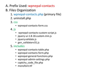 A. Prefix Used: wpnepal-contacts
B. Files Organization
   1. wpnepal-contacts.php (primary file)
   2. uninstall.php
   3. css
       • wpnepal-contacts-form.css
   4. js
       •    wpnepal-contacts-custom-script.js
       •   jquery-ui-1.8.18.custom.min.js
       •   jquery.validate.js
       •   gen_validatorv31.js
   5. includes
       •   wpnepal-contacts-table.php
       •   wpnepal-contacts-form.php
       •   wpnepal-general-functions.php
       •   wpnepal-admin-settings.php
       •   captcha_code_file.php
       •   monofont.ttf
 