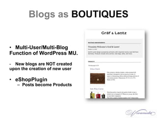 Blogs as BOUTIQUES<br />Multi-User/Multi-Blog<br />Function of WordPress MU. <br /><ul><li>New blogs are NOT created </li>...