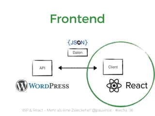 WP & React – Mehr als eine Zweckehe? @pauvince - #wcfra `16
Frontend
API
Daten
Client
 
