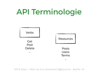 WP & React – Mehr als eine Zweckehe? @pauvince - #wcfra `16
API Terminologie
Verbs
Get
Post
Delete
…
Resources
Posts
Users
Terms
…
 