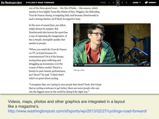 Videos, maps, photos and other graphics are integrated in a layout
like a magazine’s.
http://www.washingtonpost.com/sf/sports/wp/2013/02/27/cyclings-road-forward/

 