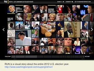 RUN is a visual story about the entire 2012 U.S. election year.
http://www.washingtonpost.com/supergrid/run/

 
