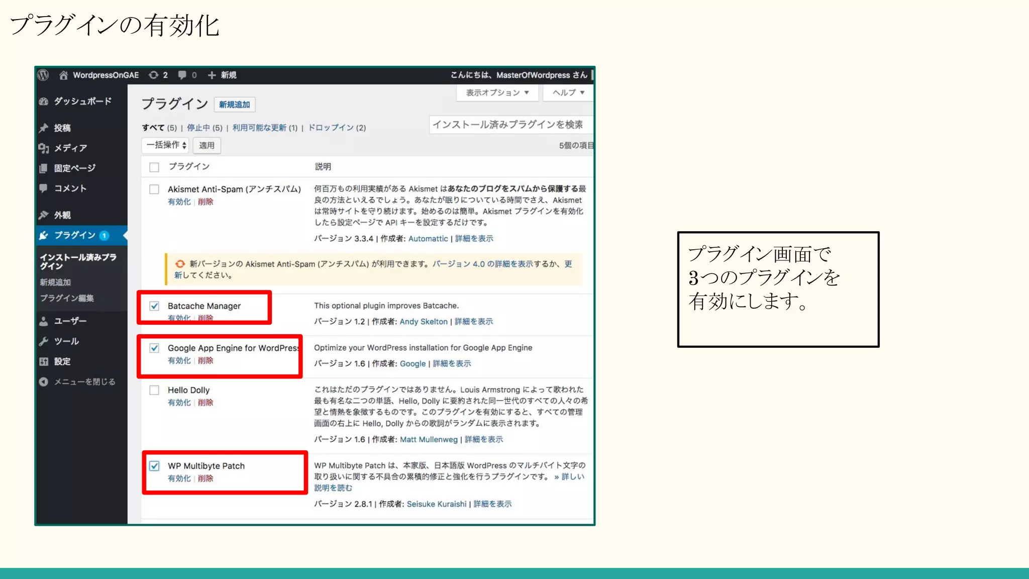 プラグインの有効化
プラグイン画面で
3つのプラグインを
有効にします。
 