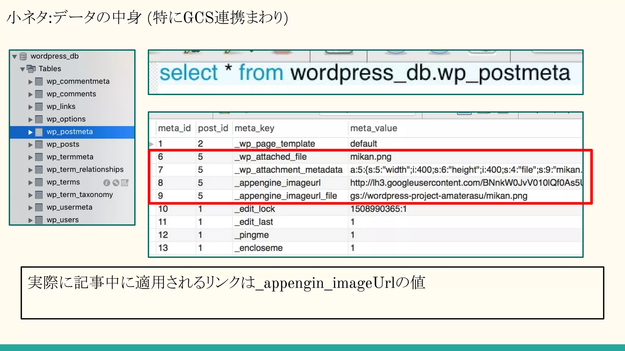 小ネタ:データの中身 (特にGCS連携まわり)
実際に記事中に適用されるリンクは_appengin_imageUrlの値
 