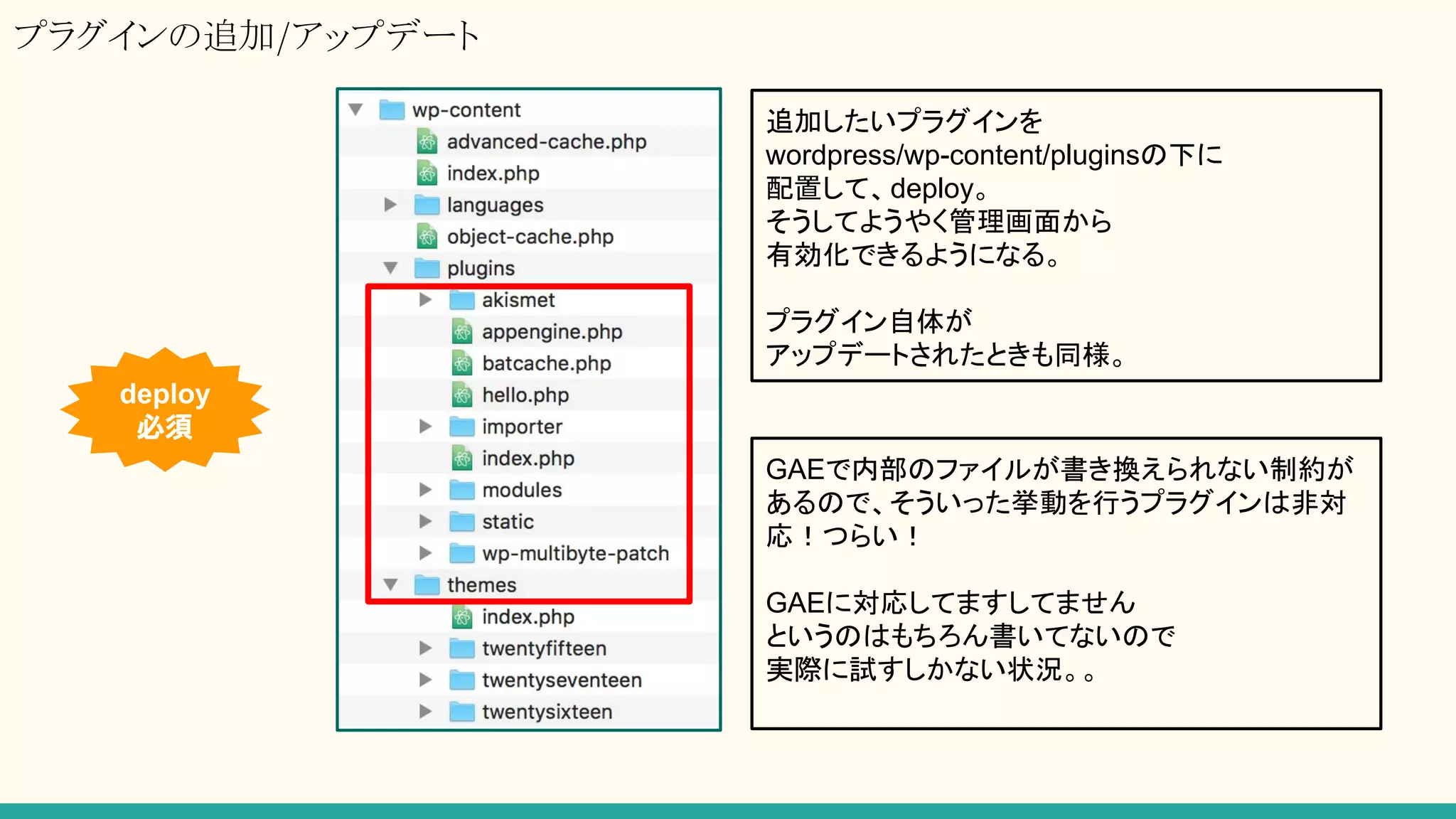 プラグインの追加/アップデート
deploy
必須
追加したいプラグインを
wordpress/wp-content/pluginsの下に
配置して、deploy。
そうしてようやく管理画面から
有効化できるようになる。
プラグイン自体が
アップデートされたときも同様。
GAEで内部のファイルが書き換えられない制約が
あるので、そういった挙動を行うプラグインは非対
応！つらい！
GAEに対応してますしてません
というのはもちろん書いてないので
実際に試すしかない状況。。
 
