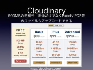 Cloudinary
http://cloudinary.com/
500MBの無料枠 画像だけでなくExcelやPDF等
のファイルもアップロードできる
 