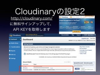 Cloudinaryの設定2
http://cloudinary.com/
に無料サインアップして、
API KEYを取得します
 