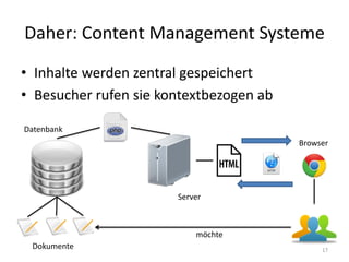 Daher: Content Management Systeme 
•Inhalte werden zentral gespeichert 
•Besucher rufen sie kontextbezogen ab 
Dokumente 
Datenbank 
Server 
Browser 
möchte 
17  
