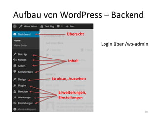 Aufbau von WordPress – Backend 
Login über /wp-admin 
38 
Inhalt 
Übersicht 
Struktur, Aussehen 
Erweiterungen, 
Einstellungen  