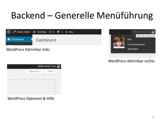 Backend – Generelle Menüführung 
39 
WordPress Adminbar links 
WordPress Adminbar rechts 
WordPress Optionen & Hilfe  
