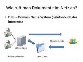 Wie ruft man Dokumente im Netz ab? 
•DNS = Domain Name System (Telefonbuch des Internets) 
IP-Adresse / Ordner 
http://test.xy.de 
DNS / Denic 
132.231.12.11 
7  