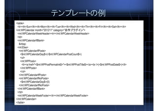 テンプレートの例
<table>
<tr><th>Sun</th><th>Mon</th><th>Tue</th><th>Wed</th><th>Thr</th><th>Fri</th><th>Sat</th></tr>
<mt:WPCalendar month="201211" category="自作プラグイン">
<mt:WPCalendarWeekHeader><tr></mt:WPCalendarWeekHeader>
<td>
<mt:WPCalendarIfBlank>
&nbsp;
<mt:Else>
<mt:WPCalendarIfPosts>
<$mt:WPCalendarDay$>(<$mt:WPCalendarPostCount$>)
<ul>
<mt:WPPosts>
<li><a href="<$mt:WPPostPermalink$>"><$mt:WPPostTitle$></a><br />(<$mt:WPPostDate$>)</li>
</mt:WPPosts>
</ul>
</mt:WPCalendarIfPosts>
<mt:WPCalendarIfNoPosts>
<$mt:WPCalendarDay$>(0)
</mt:WPCalendarIfNoPosts>
</mt:WPCalendarIfBlank>
</td>
<mt:WPCalendarWeekFooter></tr></mt:WPCalendarWeekFooter>
</mt:WPCalendar>
</table>
 