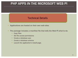 Applications are hosted on their own web sites. The package includes a manifest file that tells the Web PI what to do: Copy Files Set file access permissions Create a database user Create a database schema Launch the application’s install page. PHP APPS IN THE MICROSOFT WEB PI Technical Details  