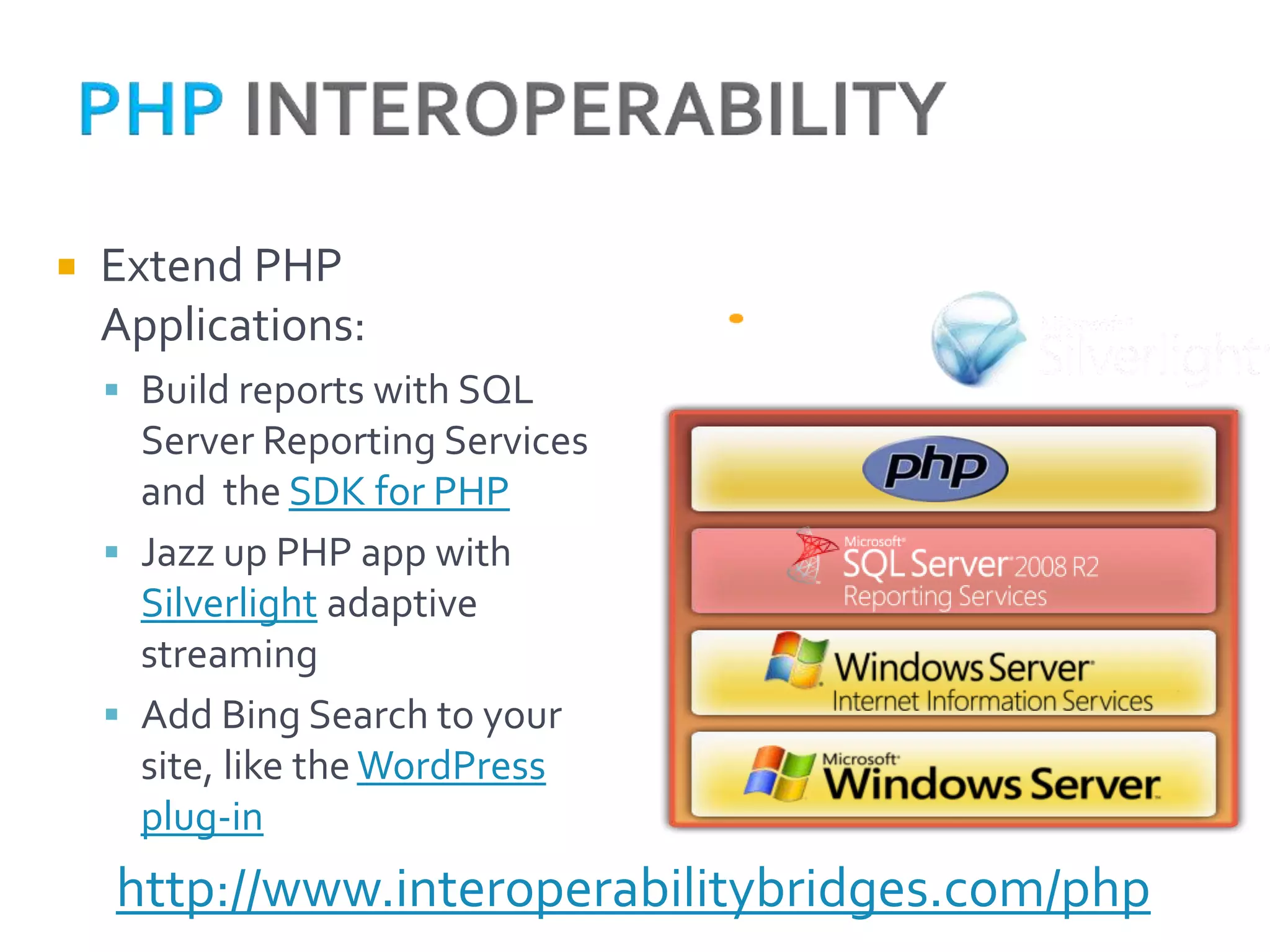    Extend PHP
    Applications:
     Build reports with SQL
      Server Reporting Services
      and the SDK for PHP
     Jazz up PHP app with
      Silverlight adaptive
      streaming
     Add Bing Search to your
      site, like the WordPress
      plug-in
    http://www.interoperabilitybridges.com/php
 