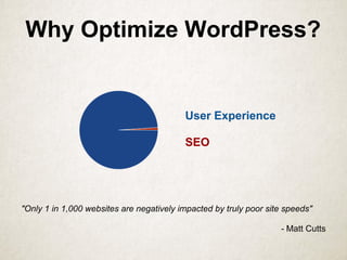 Why Optimize WordPress?
User Experience
SEO
"Only 1 in 1,000 websites are negatively impacted by truly poor site speeds"
- Matt Cutts
 