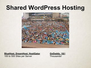Shared WordPress Hosting
BlueHost, DreamHost, HostGator GoDaddy, 1&1
100 to 500 Sites per Server Thousands!
 