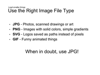 • JPG - Photos, scanned drawings or art
• PNG - Images with solid colors, simple gradients
• SVG - Logos saved as paths instead of pixels
• GIF - Funny animated things
When in doubt, use JPG!
Load smaller things
Use the Right Image File Type
 