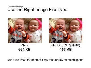 PNG
664 KB
Load smaller things
Use the Right Image File Type
JPG (80% quality)
157 KB
Don’t use PNG for photos! They take up 4X as much space!
 
