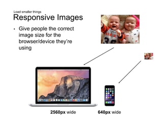 Load smaller things
Responsive Images
2560px wide 640px wide
• Give people the correct
image size for the
browser/device they’re
using
 