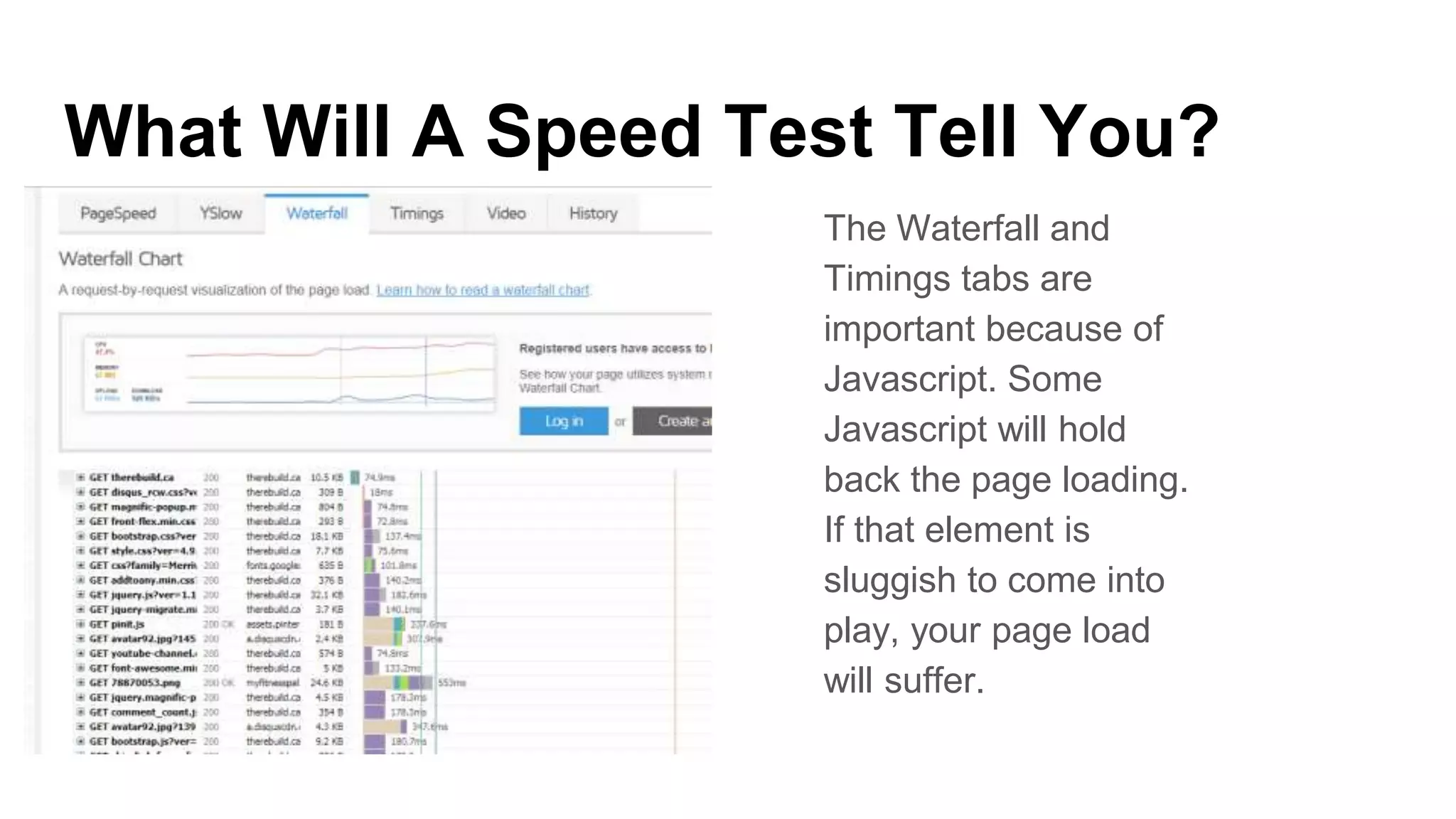 What Will A Speed Test Tell You?
The Waterfall and
Timings tabs are
important because of
Javascript. Some
Javascript will hold
back the page loading.
If that element is
sluggish to come into
play, your page load
will suffer.
 