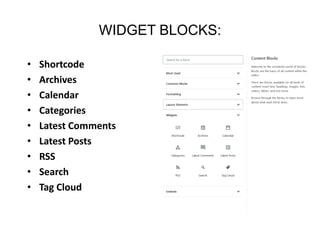 WIDGET BLOCKS:
• Shortcode
• Archives
• Calendar
• Categories
• Latest Comments
• Latest Posts
• RSS
• Search
• Tag Cloud
 