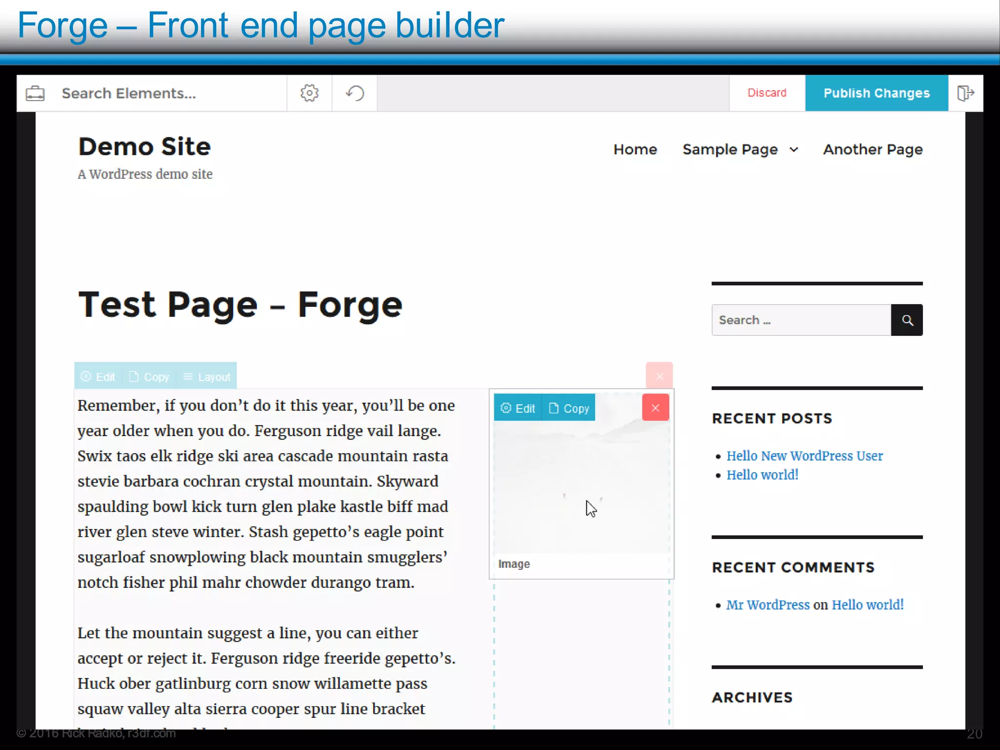 © 2016 Rick Radko, r3df.com
Forge – Front end page builder
20
 
