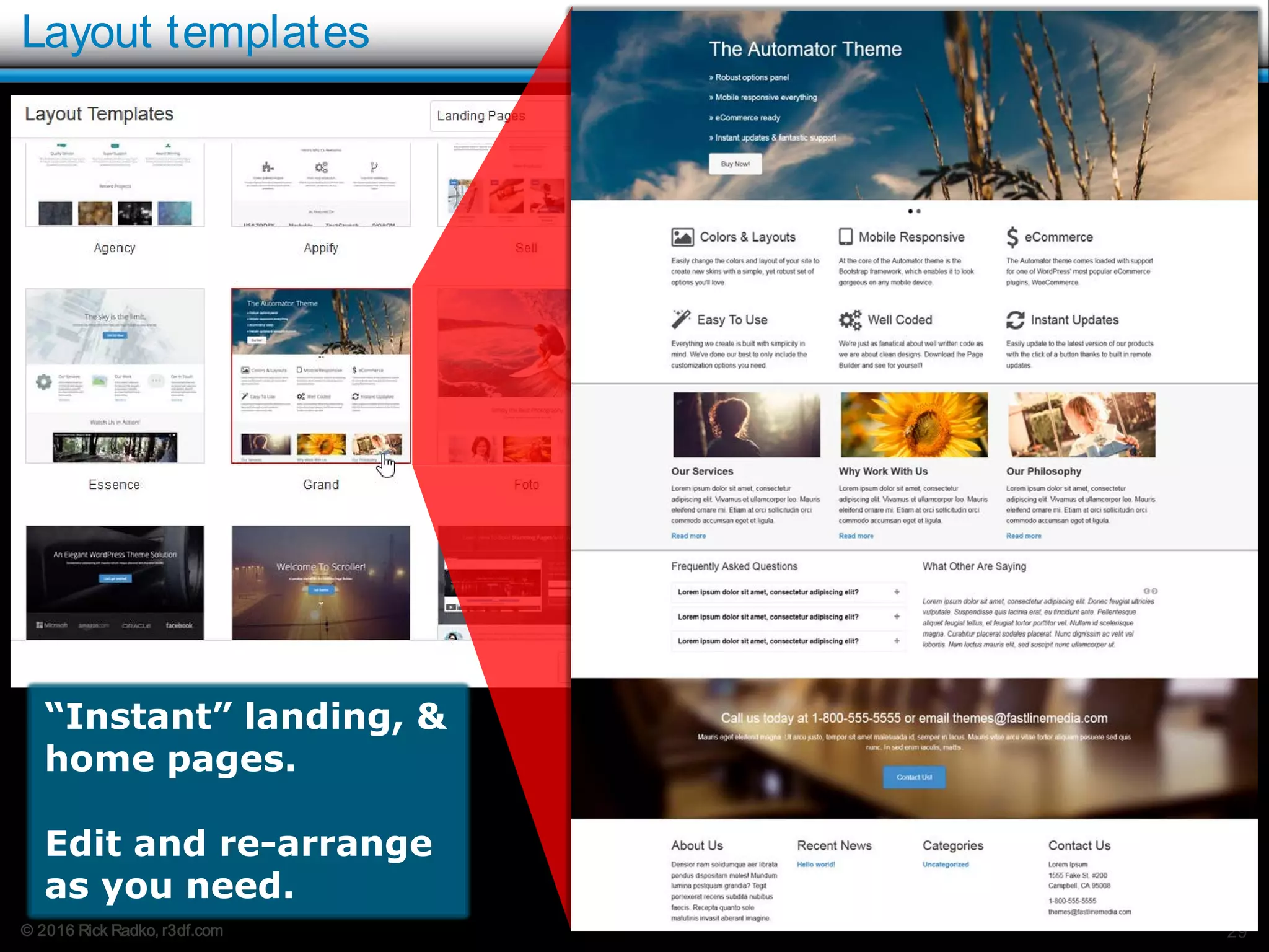 © 2016 Rick Radko, r3df.com
Layout templates
29
“Instant” landing, &
home pages.
Edit and re-arrange
as you need.
 