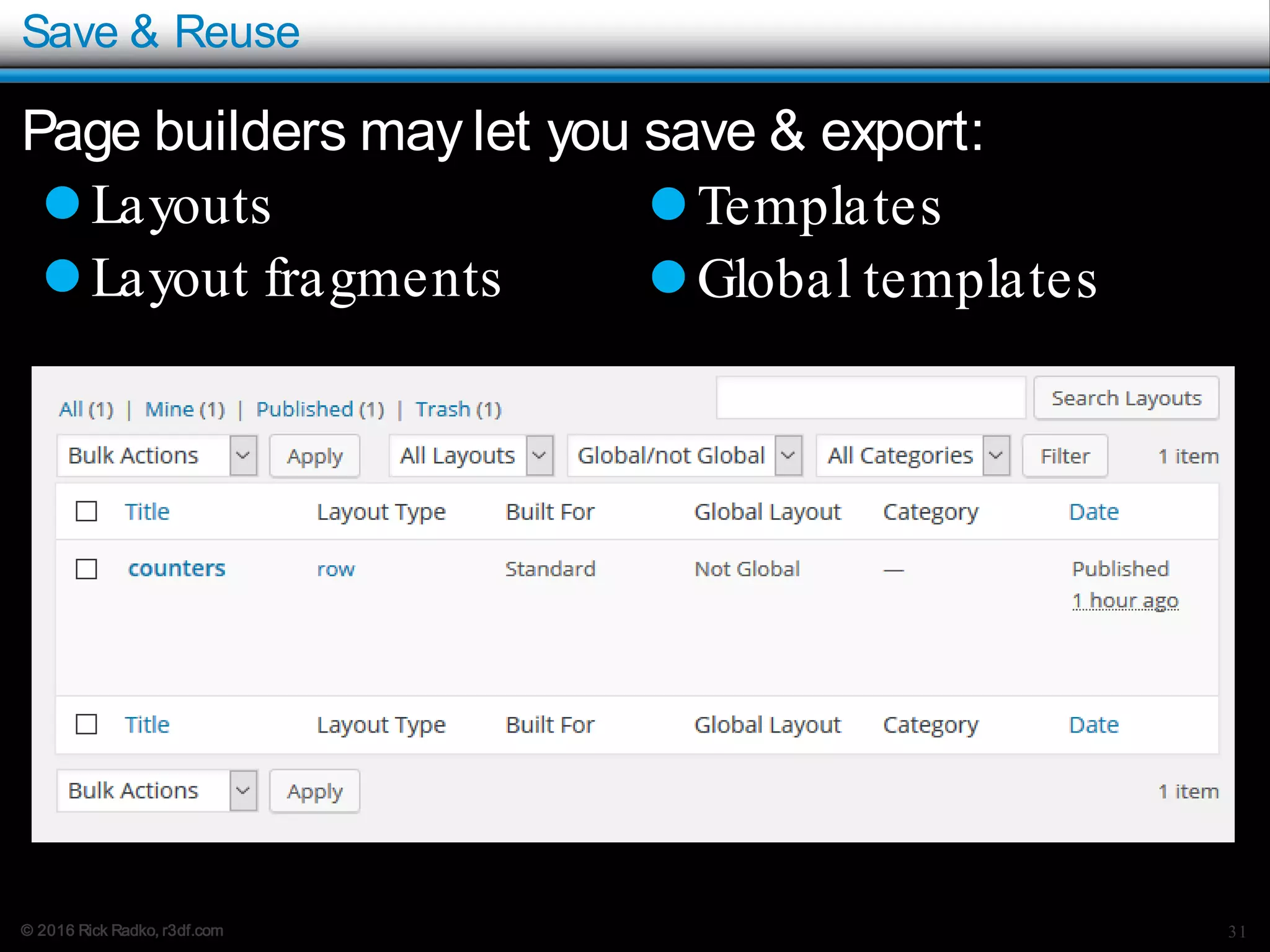 © 2016 Rick Radko, r3df.com
Save & Reuse
Page builders may let you save & export:
Layouts
Layout fragments
31
Templates
Global templates
 