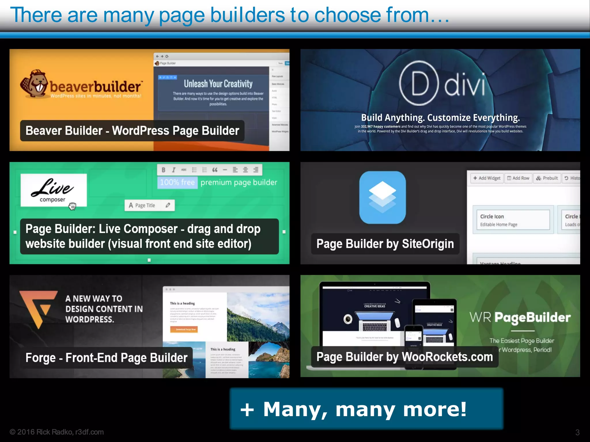 © 2016 Rick Radko, r3df.com
There are many page builders to choose from…
3
+ Many, many more!
 