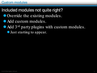 © 2016 Rick Radko, r3df.com
Custom modules
Included modules not quite right?
Override the existing modules.
Add custom modules.
Add 3rd party plugins with custom modules.
 Just starting to appear.
32
 