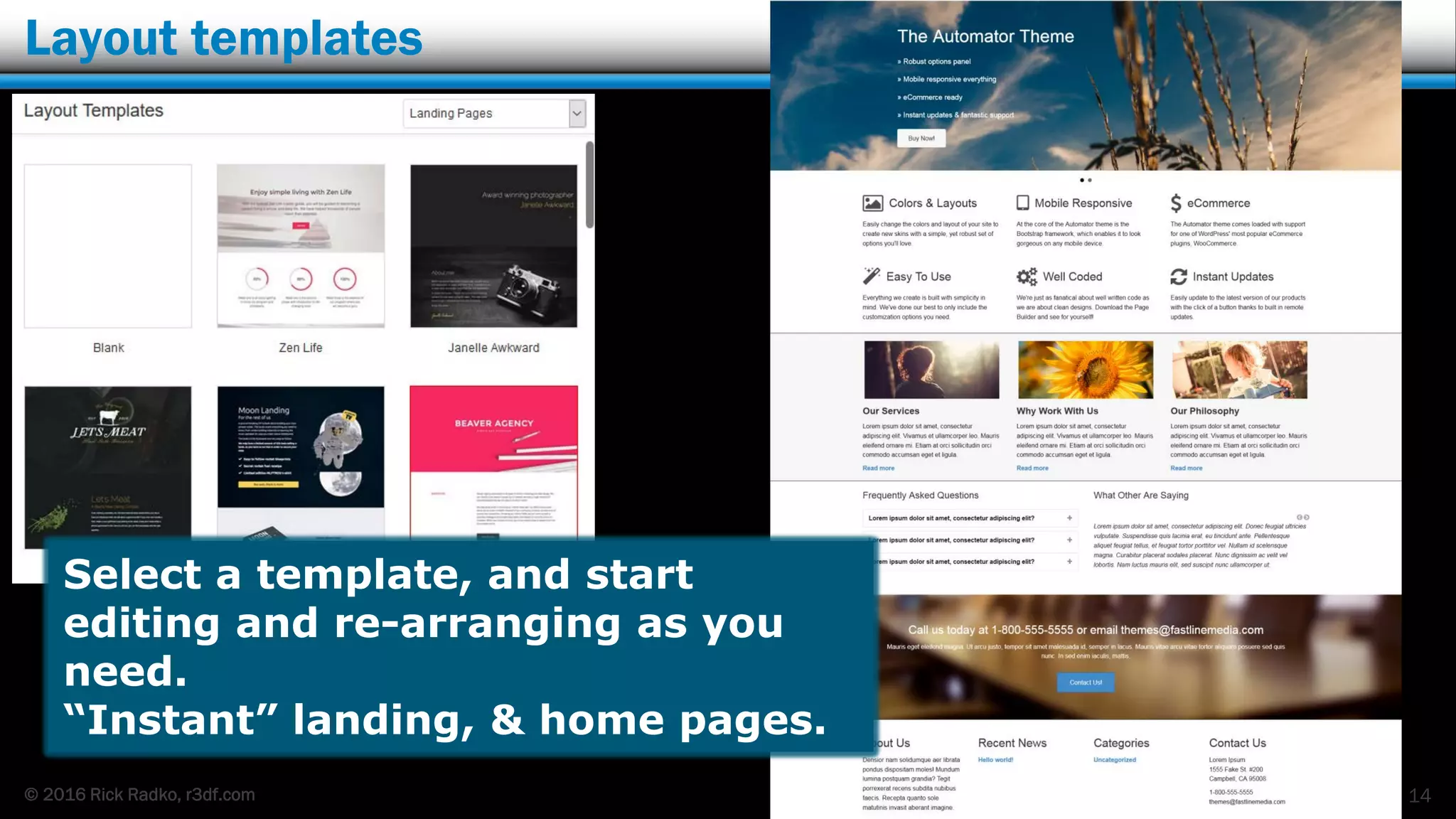 © 2016 Rick Radko, r3df.com
Layout templates
14
Select a template, and start
editing and re-arranging as you
need.
“Instant” landing, & home pages.
 