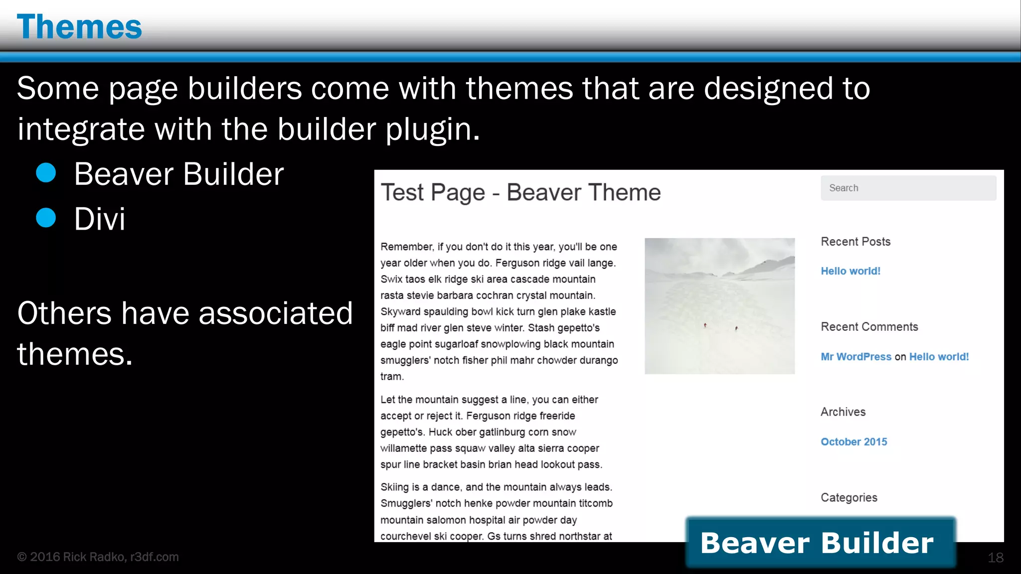 © 2016 Rick Radko, r3df.com
Themes
Some page builders come with themes that are designed to
integrate with the builder plugin.
 Beaver Builder
 Divi
Others have associated
themes.
18
Beaver Builder
 