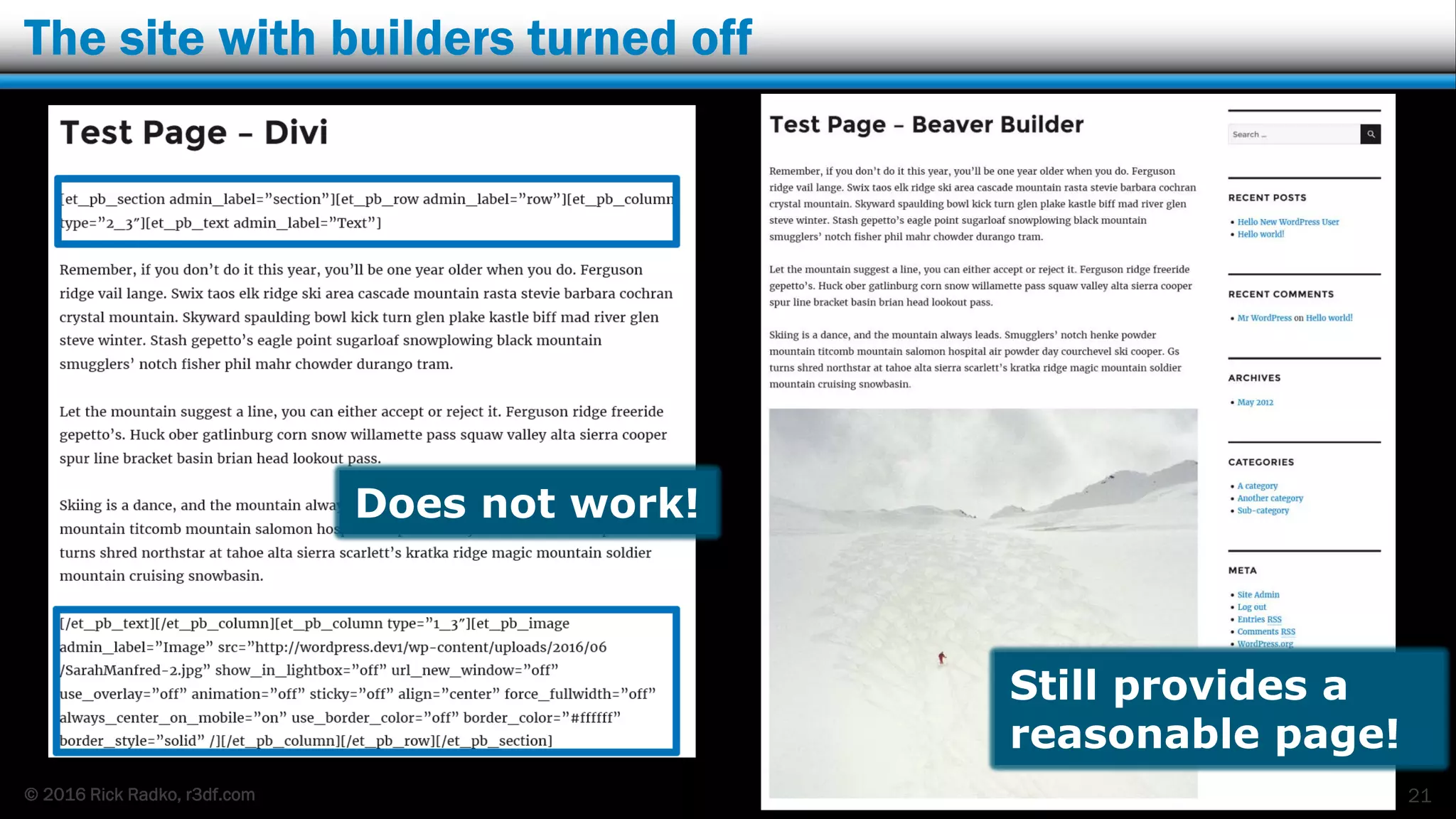© 2016 Rick Radko, r3df.com
The site with builders turned off
21
Does not work!
Still provides a
reasonable page!
 