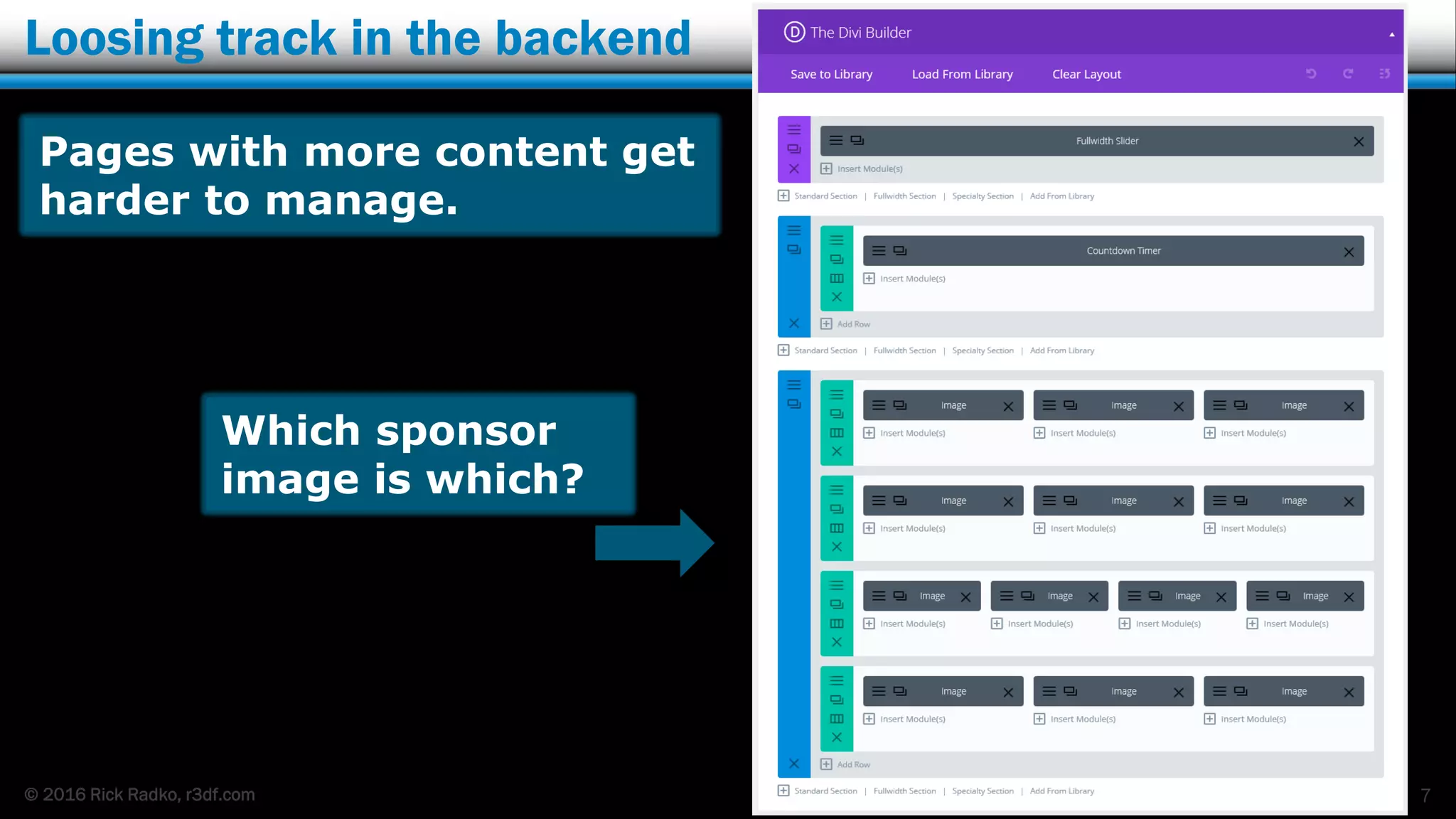 © 2016 Rick Radko, r3df.com
Loosing track in the backend
7
Pages with more content get
harder to manage.
Which sponsor
image is which?
 