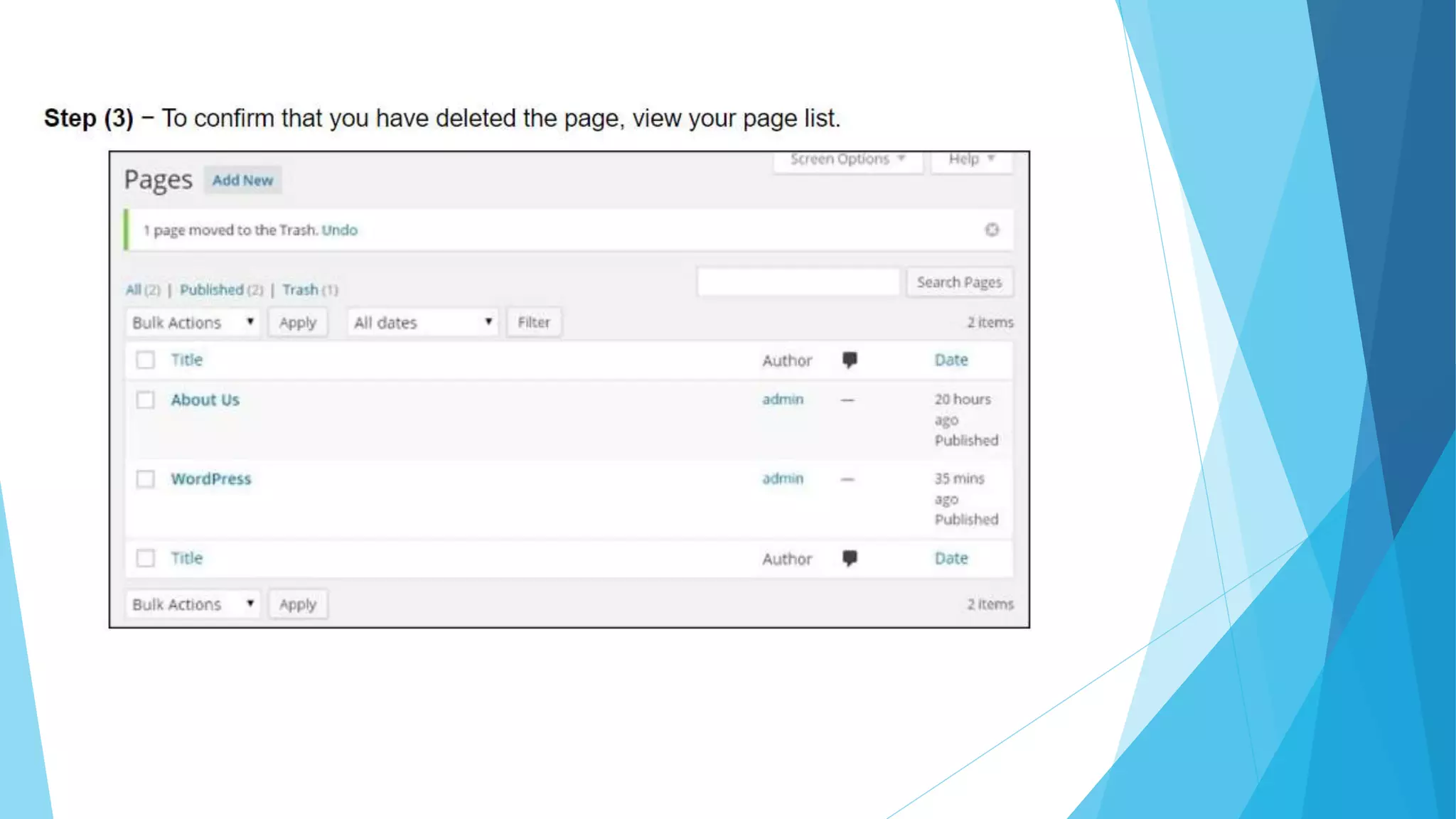 Word press pages(edit and delete)