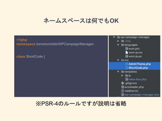 ネームスペースは何でもOK
<?php
namespace tomotomobileWPCampaignManager;
class ShortCode {
※PSR-4のルールですが説明は省略
 