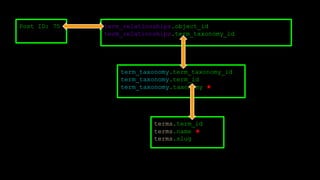 Post ID: 75 term_relationships.object_id
term_relationships.term_taxonomy_id
terms.term_id
terms.name ★
terms.slug
term_taxonomy.term_taxonomy_id
term_taxonomy.term_id
term_taxonomy.taxonomy ★
 