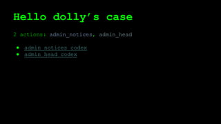 Hello dolly’s case
2 actions: admin_notices, admin_head
● admin_notices codex
● admin_head codex
 