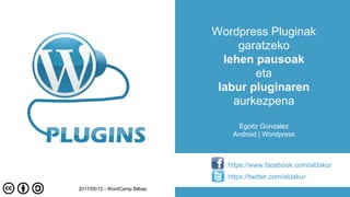 Egoitz Gonzalez
Android | Wordpress
Wordpress Pluginak
garatzeko
lehen pausoak
eta
labur pluginaren
aurkezpena
https://www.facebook.com/aldakur
https://twitter.com/aldakur
2017/05/12 - WordCamp Bilbao
 