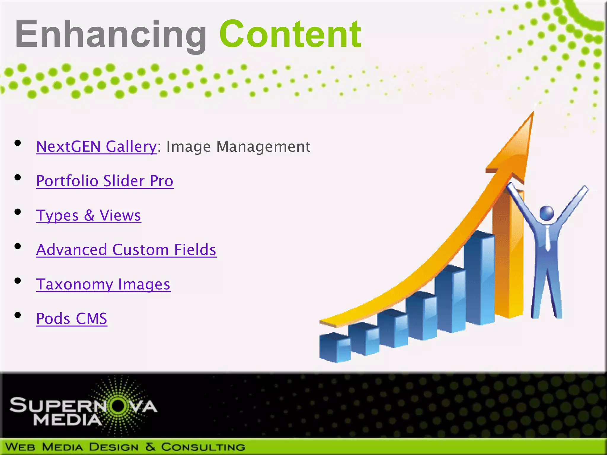 Enhancing Content

•   NextGEN Gallery: Image Management

•   Portfolio Slider Pro

•   Types & Views

•   Advanced Custom Fields

•   Taxonomy Images

•   Pods CMS
 