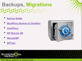 Backups, Migrations

•   Backup Buddy

•   WordPress Backup to Dropbox

•   VaultPress

•   WP Migrate DB

•   ManageWP

•   WPTwin
 